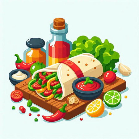 Tortilla wraps with vegetables and sauce on wooden board. Vector illustration.のイラスト素材