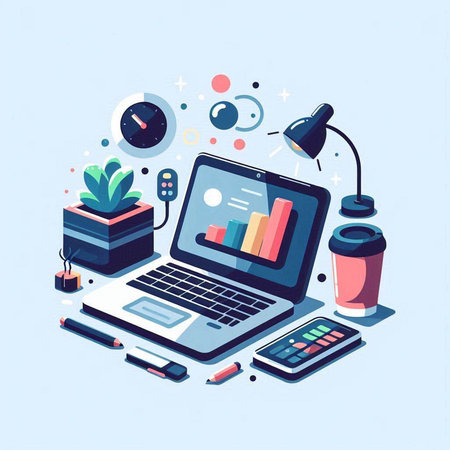 Laptop with graph on screen and office supplies. Vector illustration.のイラスト素材