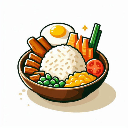 Illustration of a bowl of rice with vegetables and fried egg.のイラスト素材
