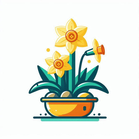 Daffodils in a pot. Flat style vector illustration.のイラスト素材