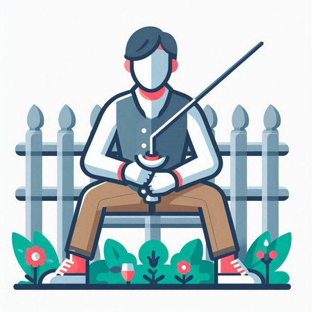 Man with a sword sitting on a wooden fence. Vector illustration.のイラスト素材