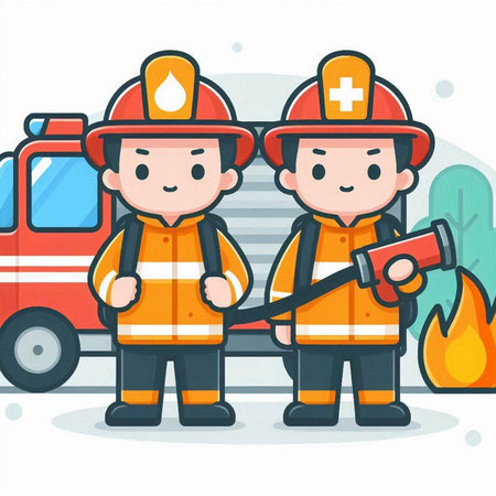 Firefighter and fireman standing in front of fire truck vector illustrationのイラスト素材