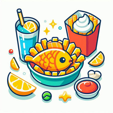 Vector illustration of fish, ice cream, lemon and sauce in a bowl.のイラスト素材
