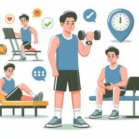 Fitness, gym and healthy lifestyle concept. Young man doing exercise with dumbbells. Vector illustrationのイラスト素材