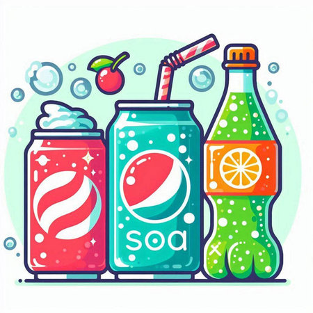 Cans of soda with ice and fruits. Vector illustration in cartoon style.のイラスト素材