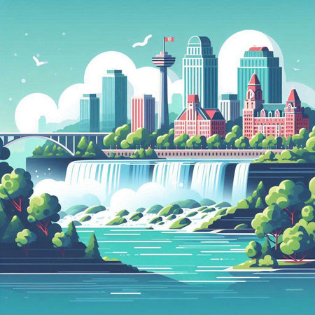 Landscape of the city with a river and a waterfall. Vector illustrationのイラスト素材
