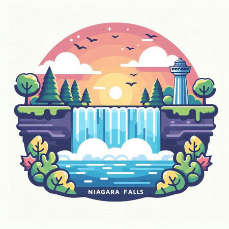 Landscape with waterfall in flat style. Vector illustration for your designのイラスト素材