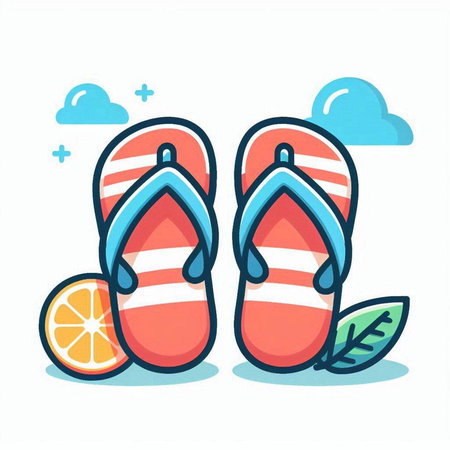 Flip flops with orange and leaves. Vector cartoon illustration.のイラスト素材