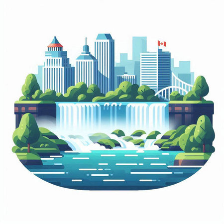 Waterfall in the city. Vector illustration in flat cartoon style.のイラスト素材