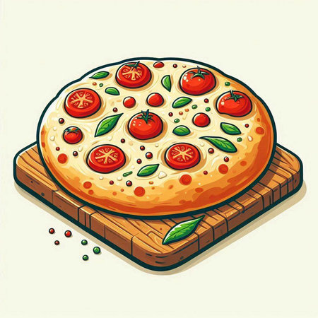 Pizza with tomatoes and basil on a wooden board. Vector illustration.のイラスト素材