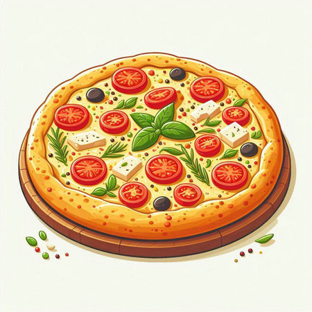 Pizza with tomato, mozzarella and basil. Vector illustrationのイラスト素材