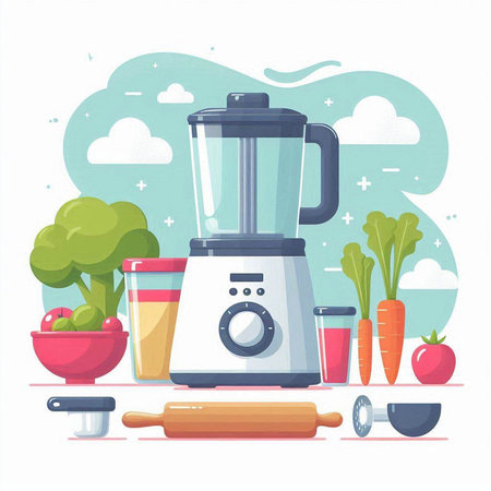 Kitchen equipment and kitchen utensils. Blender, rolling pin, tomato, carrot, apple, eggplant, eggplant, bowl, bowl, blender. Flat vector illustration.のイラスト素材