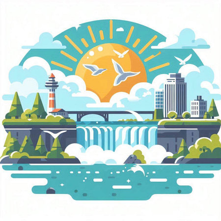 Vector illustration of a city landscape in flat style with buildings and riverのイラスト素材