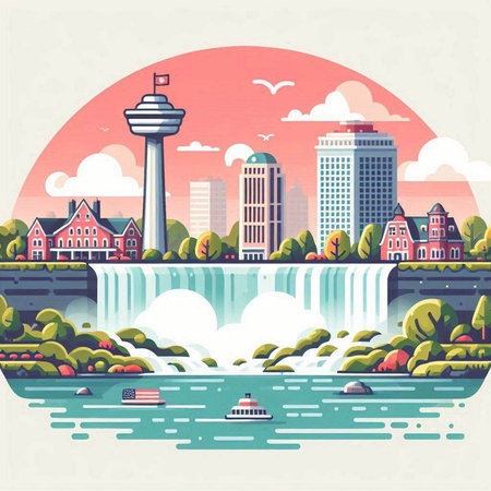 Flat style vector illustration of a cityscape with waterfalls, river, houses and buildings.のイラスト素材