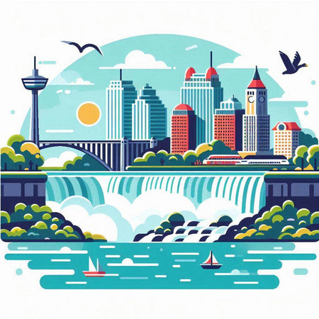 City landscape with river and skyscrapers. Vector illustration in flat styleのイラスト素材