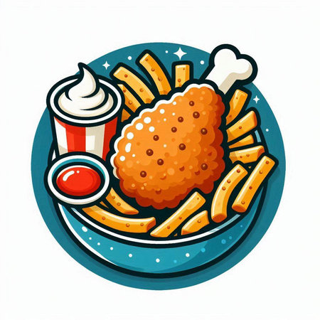 Illustration of fried chicken and french fries with ketchup and mayonnaiseのイラスト素材