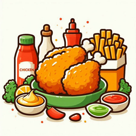 Fast food vector illustration. Fried chicken, french fries, sauces and sauceのイラスト素材