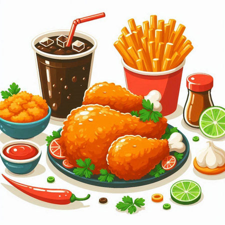 Illustration of fried chicken drumsticks with french fries and colaのイラスト素材