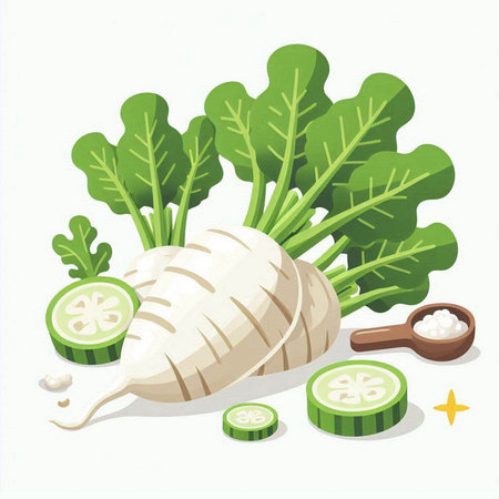 Illustration of radish and green leaves on a white background.のイラスト素材