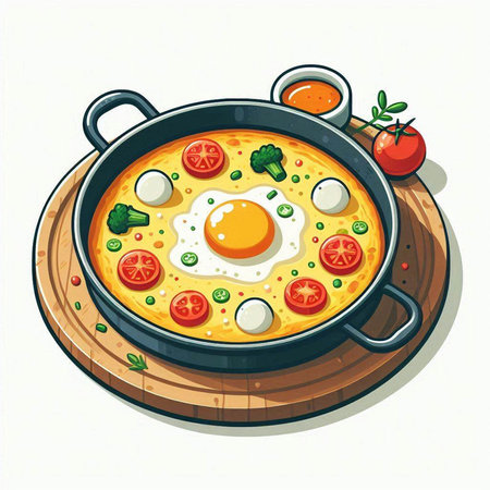 Fried eggs with vegetables in a frying pan. Vector illustration.のイラスト素材