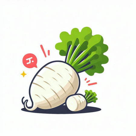Vector illustration of white radish with green leaves on white background.のイラスト素材