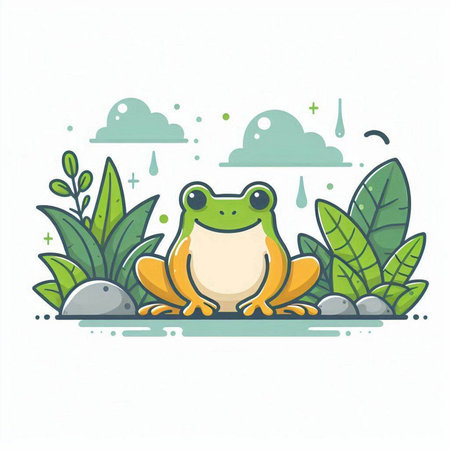 Frog in the jungle. Vector illustration in flat style on white background.のイラスト素材