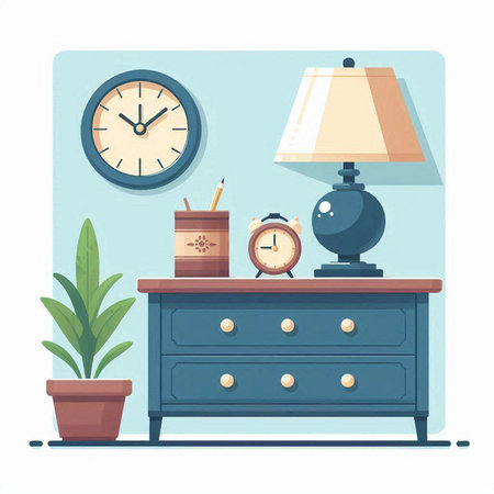 Bedside table with lamp and alarm clock. Flat style vector illustration.のイラスト素材