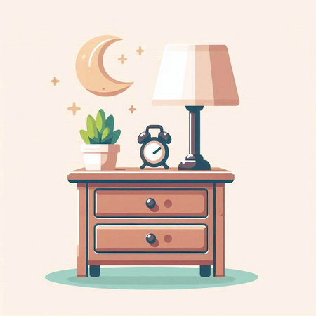Illustration of night bedside table with lamp and crescent moonのイラスト素材
