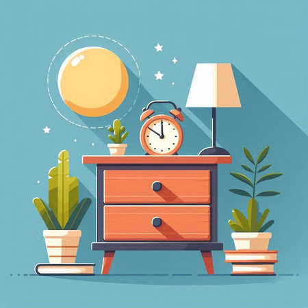 Flat design modern vector illustration concept of home interior with nightstand, lamp, cactus and clock.のイラスト素材