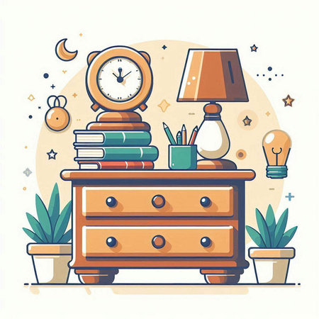 Vector illustration of a nightstand with books, lamp, alarm clock and decorations.のイラスト素材