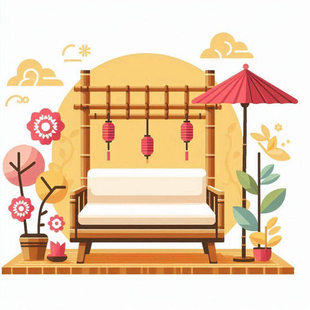 Vector illustration of Chinese traditional style wooden garden swing with lanterns.のイラスト素材