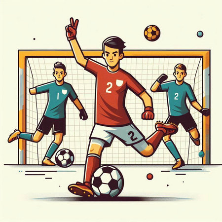Soccer player in action, vector cartoon illustration. Soccer player kicking the ball.のイラスト素材