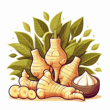 Ginger root with leaves and powder isolated on white background. Vector illustration.のイラスト素材