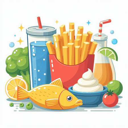 Vector illustration of healthy food. Fries, fish, orange juice and smoothie.のイラスト素材