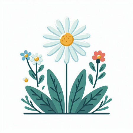 Chamomile flower with leaves and flowers. Vector illustration.のイラスト素材