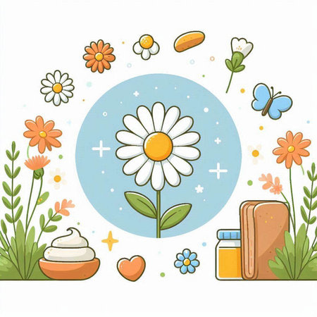 Vector illustration of chamomile flower and cosmetics on white backgroundのイラスト素材