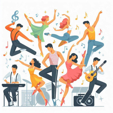 Dancing people flat vector illustration. Group of young men and women dancing at a party.のイラスト素材