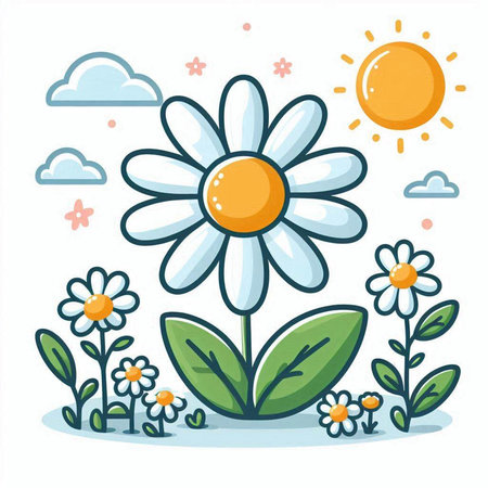 Cute daisy flower with leaves and sun. Vector illustration.のイラスト素材