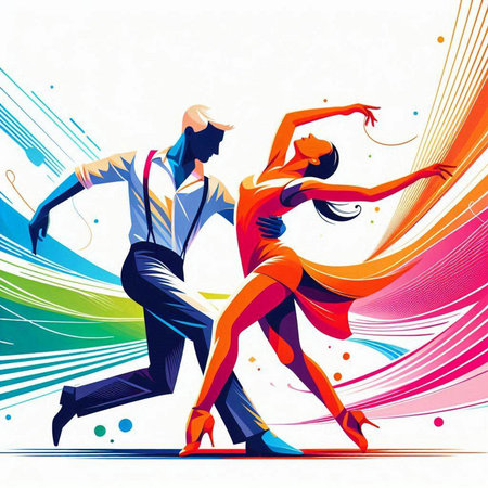 Couple dancing tango on abstract colorful background. Vector illustration.のイラスト素材