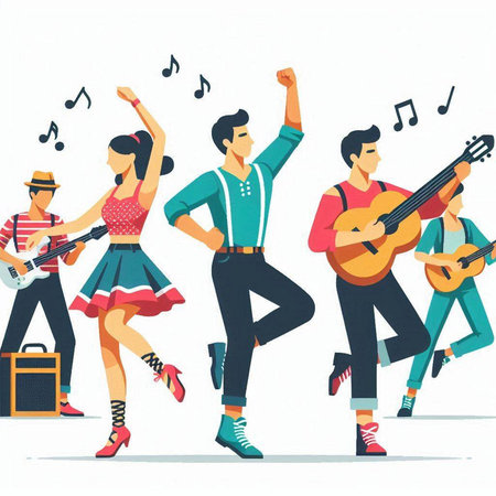 Dancing people. Group of men and women with guitar and accordion. Flat vector illustration.のイラスト素材