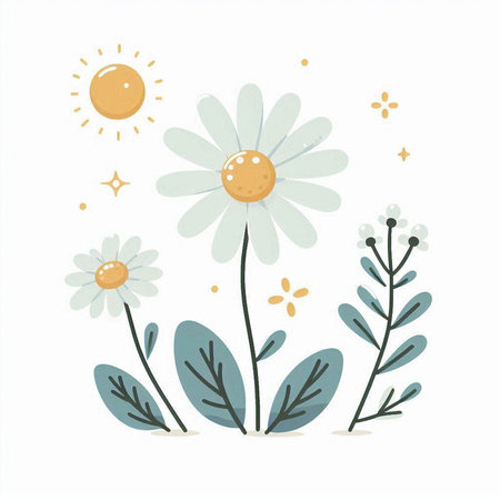 Cute daisies and sun. Hand drawn vector illustration.のイラスト素材