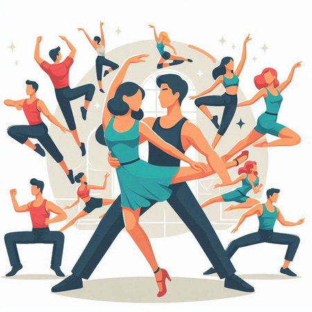 Group of dancing people in sportswear. Flat vector illustration.のイラスト素材