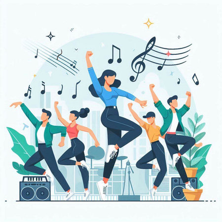 Music festival concept. Group of young people dancing and having fun. Vector illustration in flat styleのイラスト素材
