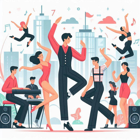 Group of dancing people on city background. Flat style vector illustration.のイラスト素材