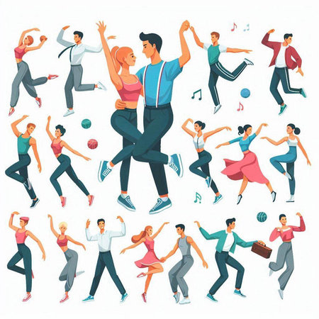 Dancing people characters. Men and women dancing, male and female dancers. Vector illustrationのイラスト素材