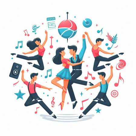 Group of young people dancing in a circle. Flat vector illustration.のイラスト素材