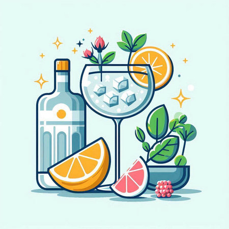 Cocktail drink with lemon, grapefruit and ice cubes. Vector illustration.のイラスト素材