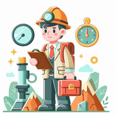 Engineer with a briefcase and compass. Vector illustration in cartoon style.のイラスト素材