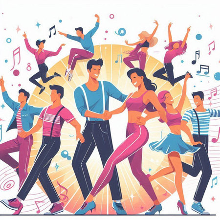 Dancing people. Group of happy young people dancing and having fun. Vector illustrationのイラスト素材