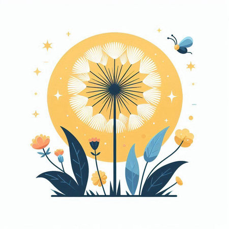 Dandelion flower with flying bee. Vector illustration in flat styleのイラスト素材